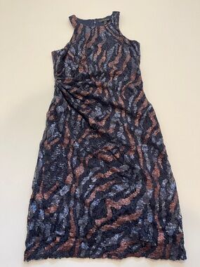David Meister Navy and Copper Sequin Midi Cocktail Dress
